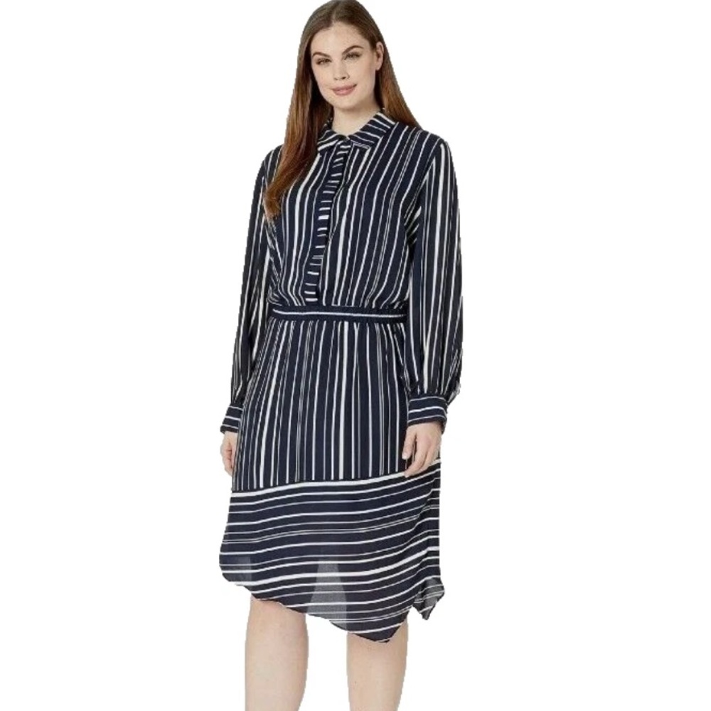 Vince Camuto Striped Asymmetrical Hem Shirt Dress Navy White XS